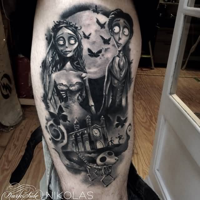 Black And Grey Moon And Corpse Bride Tattoo