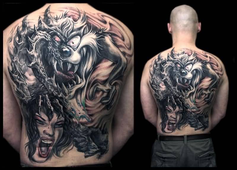 Black And Grey Tasmanian Devil Tattoo On Full Back