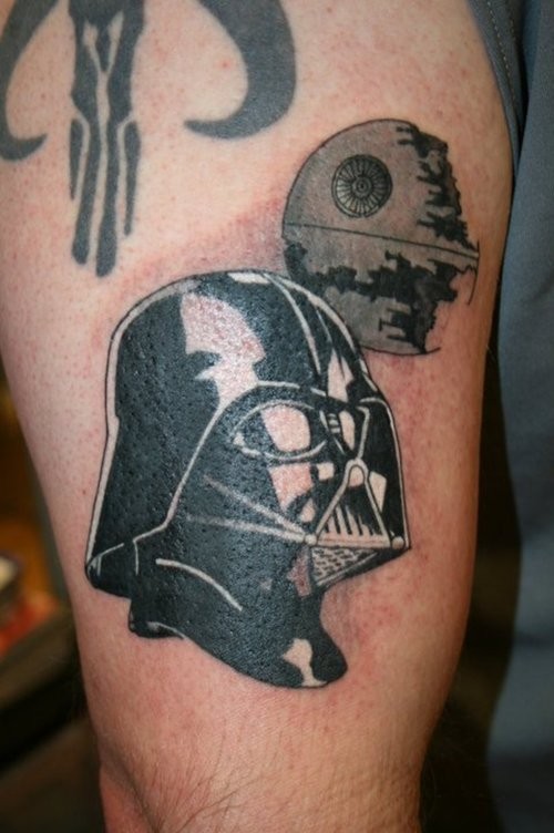 Black And White Darth Vader Helmet Tattoo On Bicep
