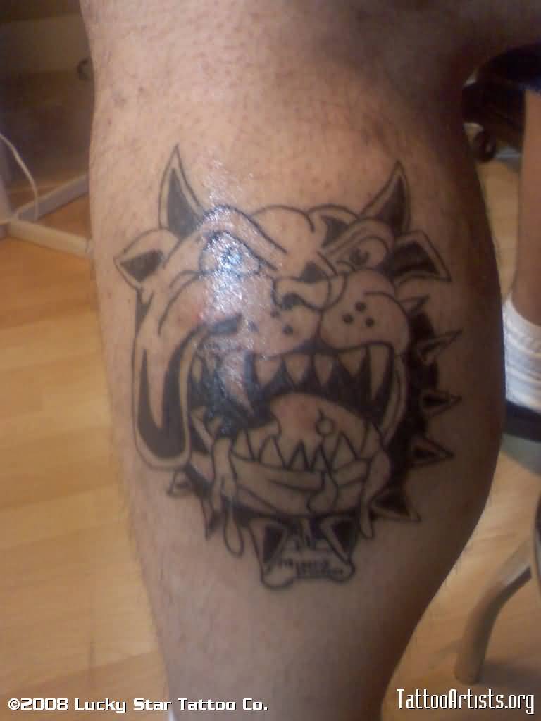 Black And White Evil Taz Tattoo On Shoulder by Phillip On Leg Calf