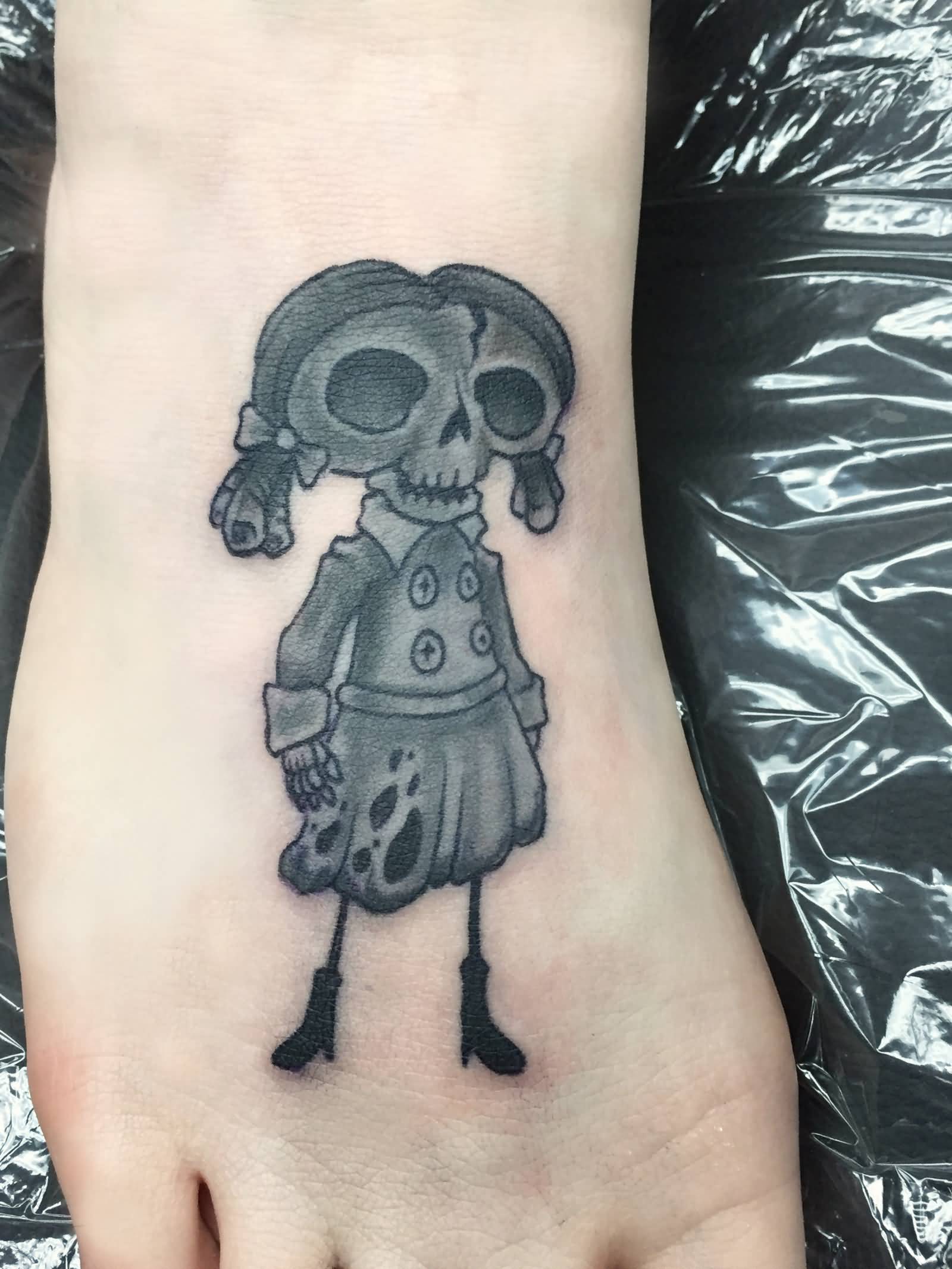 Black Ink Corpse Bride Tattoo On Right Foot