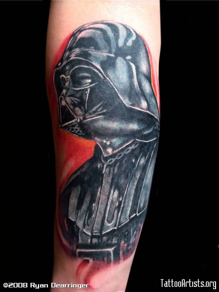 Black Ink Darth Vader Portrait Tattoo On Sleeve
