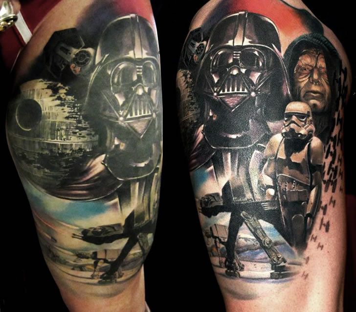 Black Ink Darth Vader Tattoo On Half Sleeve