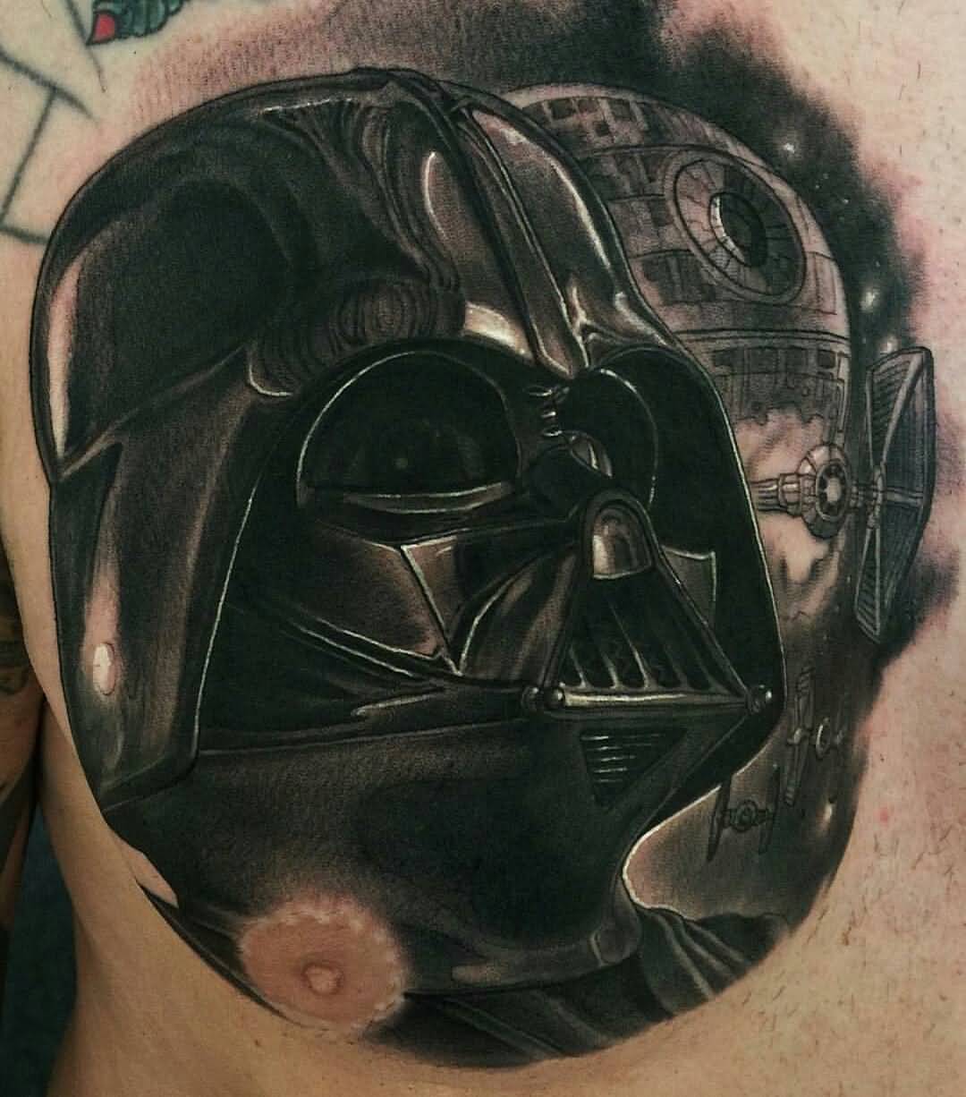 Black Ink Darth Vader Tattoo On Man Chest