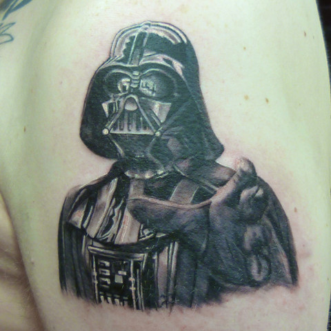 Black Ink Star Wars Darth Vader Tattoo On Left Shoulder