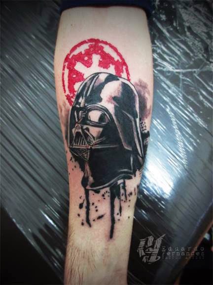 Black and White Darth Vader Helmet Tattoo On Forearm