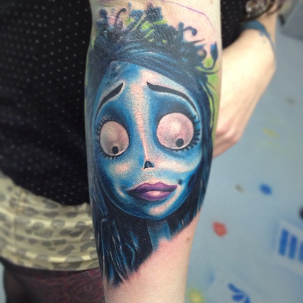 Blue Corpse Bride Head Tattoo On Sleeve