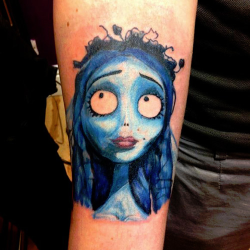 Blue Ink Corpse Bride Tattoo On Forearm