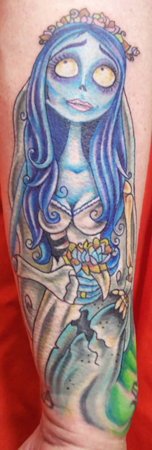 Blue Ink Corpse Bride Tattoo On Right Forearm