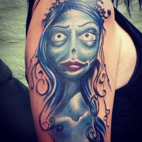 Blue Ink Right Half Sleeve Corpse Bride Tattoo