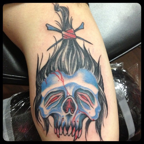 Blue Ink Shrunken Head Skull Tattoo