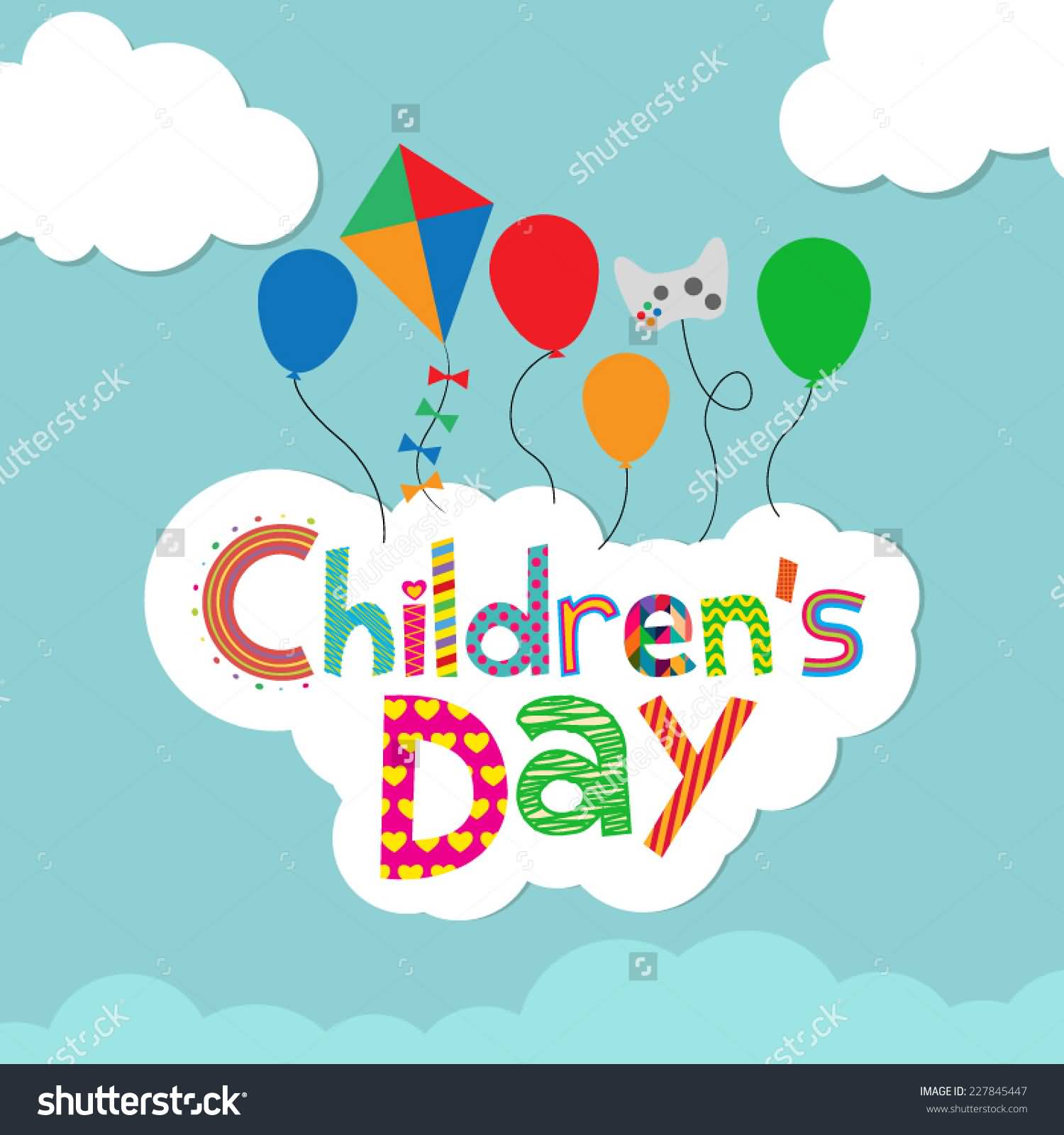 Children's Day Colorful Text On Clouds With Balloons, Kite And Game Clipart