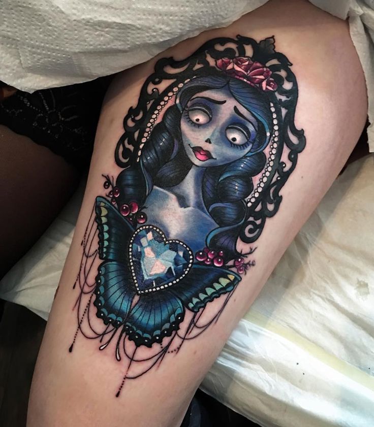 Color Butterfly And Corpse Bride Tattoo On Left Thigh