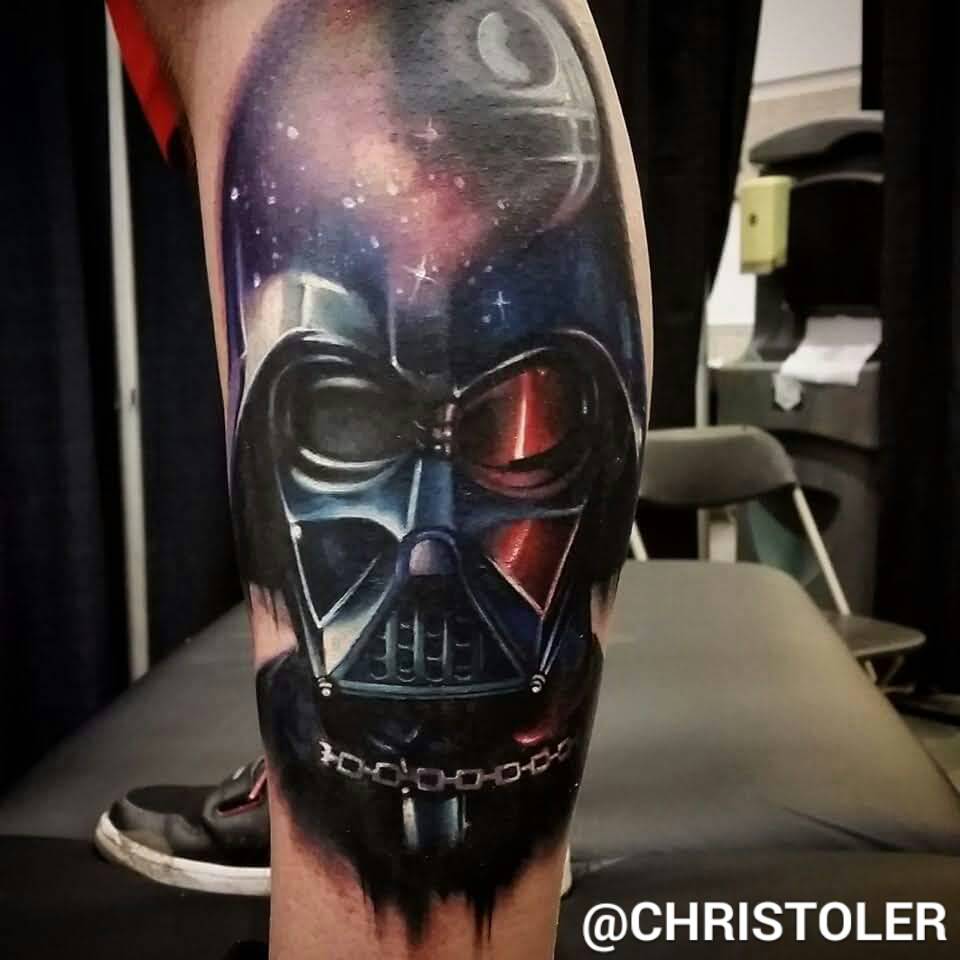 Color Darth Vader Tattoo On Left Leg