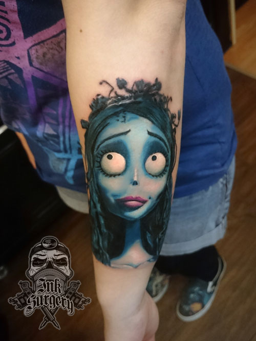 Color Ink Corpse Bride Tattoo On Left Arm by Rob Bates Art Tattoo