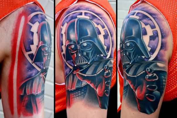 Color Ink Darth Vader Tattoo On Man Left Half Sleeve