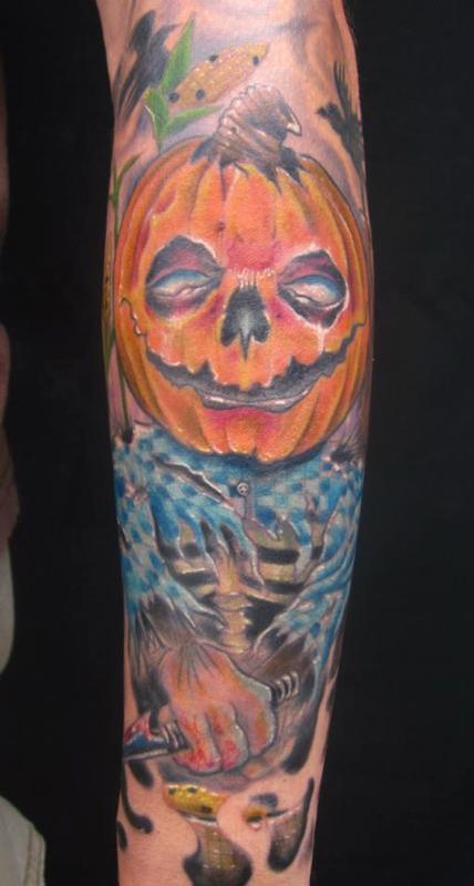 Color Ink Evil Pumpkin Tattoo On Arm Sleeve