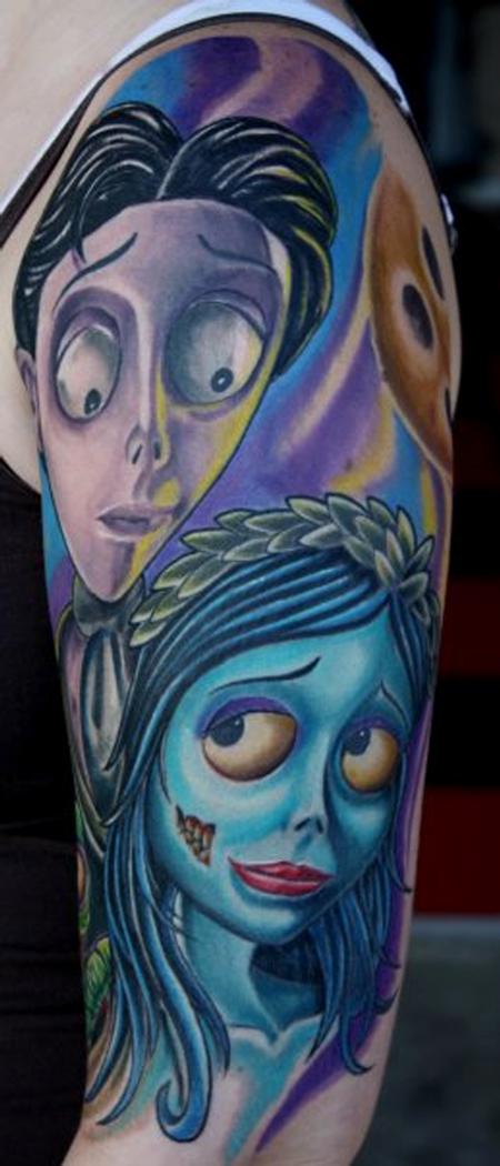 Colored Corpse Bride Tattoo On Left Half Sleeve