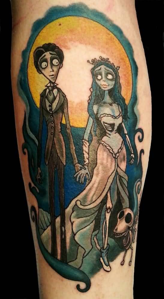 Colored Corpse Bride Tattoo On Leg