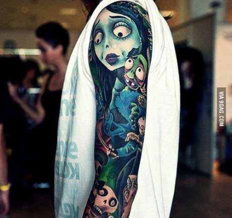 Colored Corpse Bride Tattoo On Man Left Sleeve