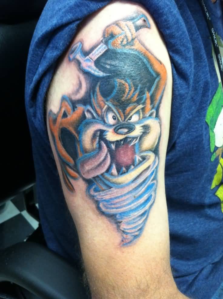 Colored Tasmanian Devil Tattoo On Right Half Sleeve