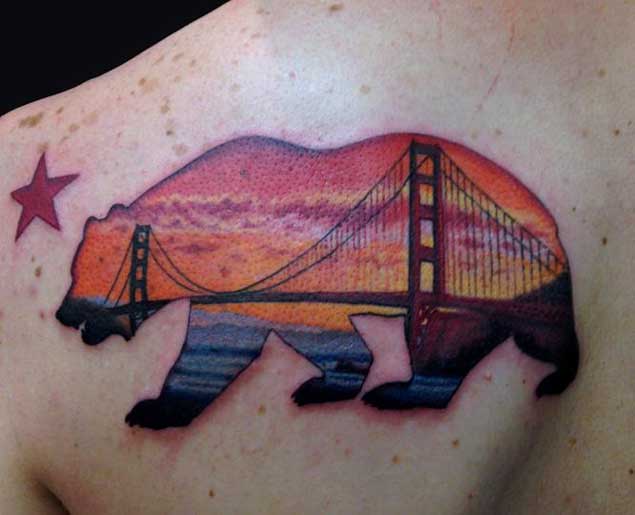 Colorful Bear California Tattoo On Left Back Shoulder