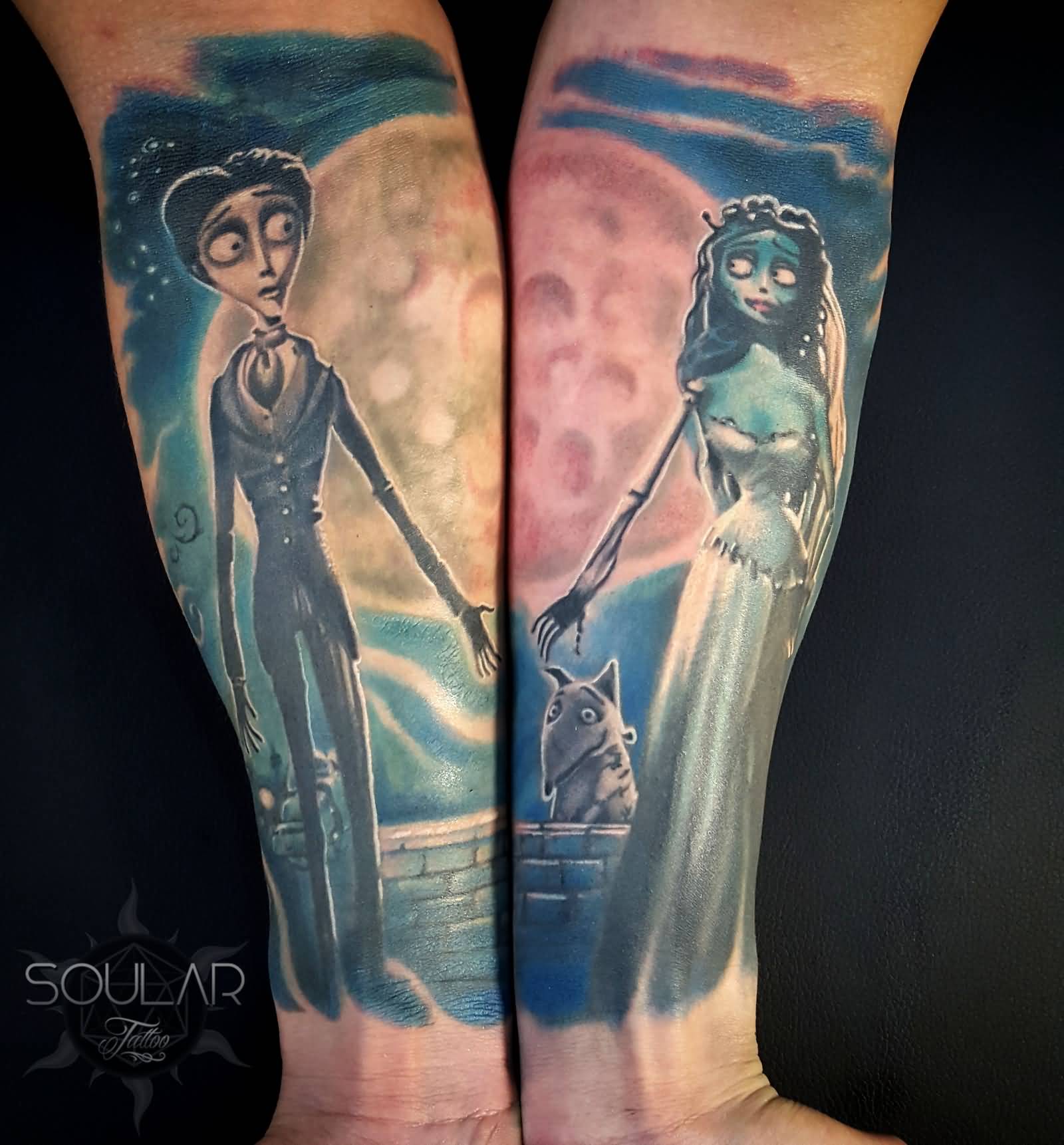 Colorful Corpse Bride Tattoos On Both Forearm