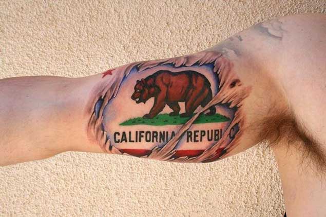 Colorful Flag California Tattoo On Inner Bicep