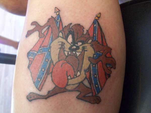 Confederate Flags And Taz Tattoo On Left Bicep