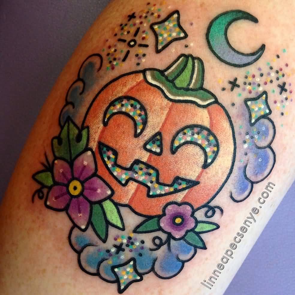 Cute Flowers And Pumpkin Tattoo