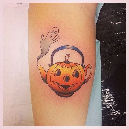 Cute Pumpkin Cattle Tattoo On Back Leg