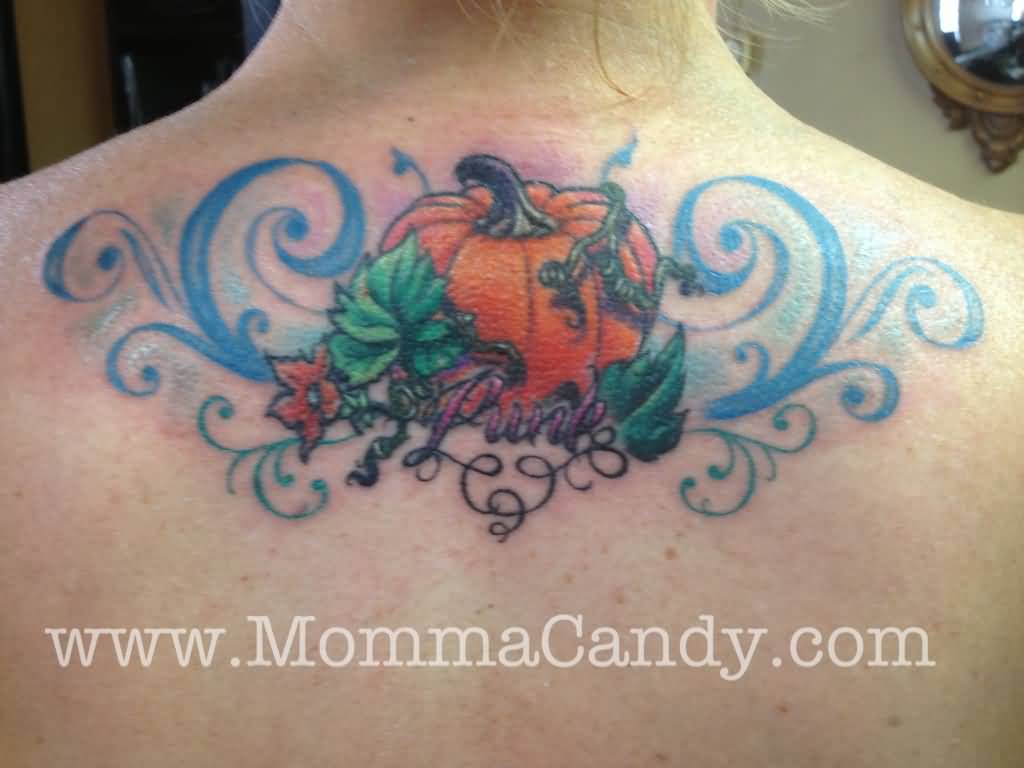 Cute Pumpkin Tattoos On Upper Back by Momma Candy