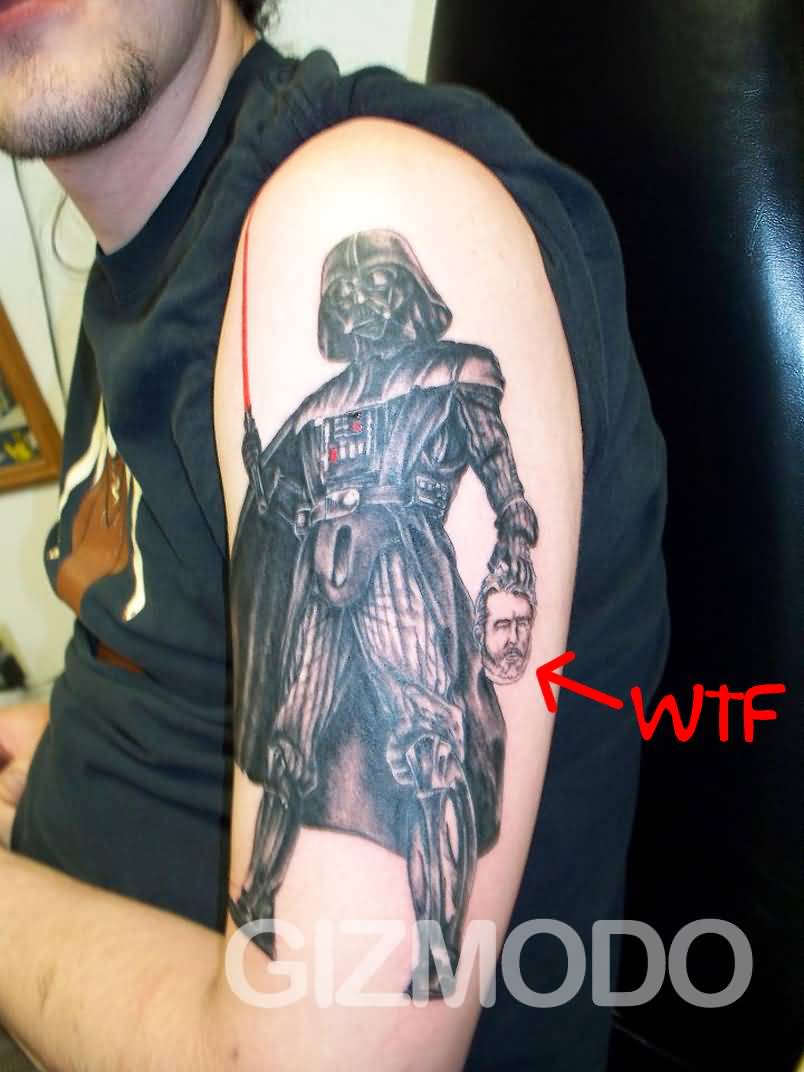 Dark Grey Ink Bad Darth Vader Tattoo On Half Sleeve