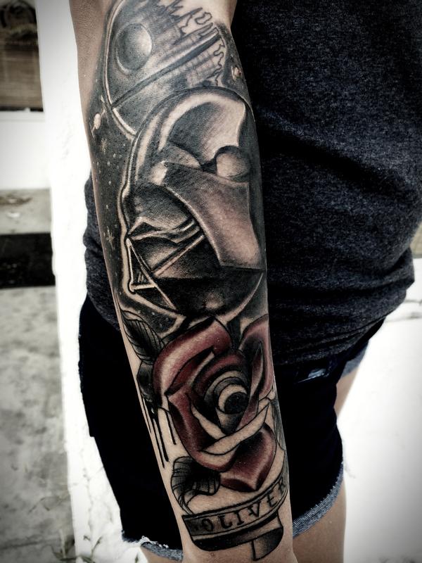Darth Vader And Rose Tattoo On Sleeve