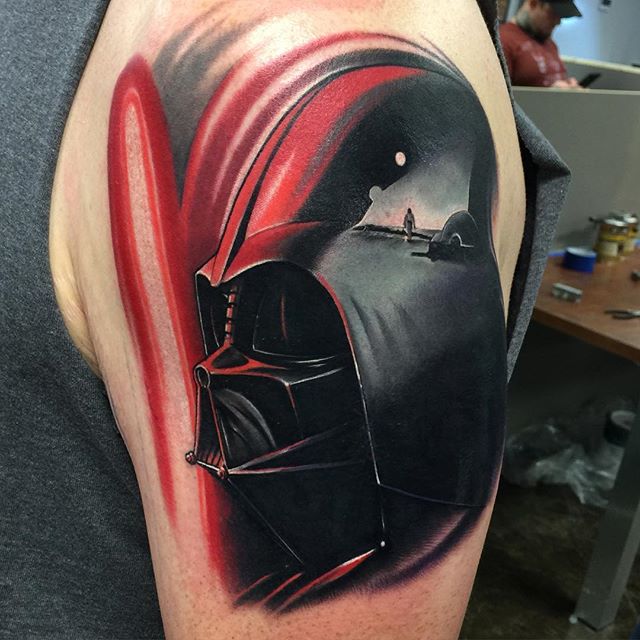 Darth Vader Tattoo On Left Shoulder by Nick Peirce