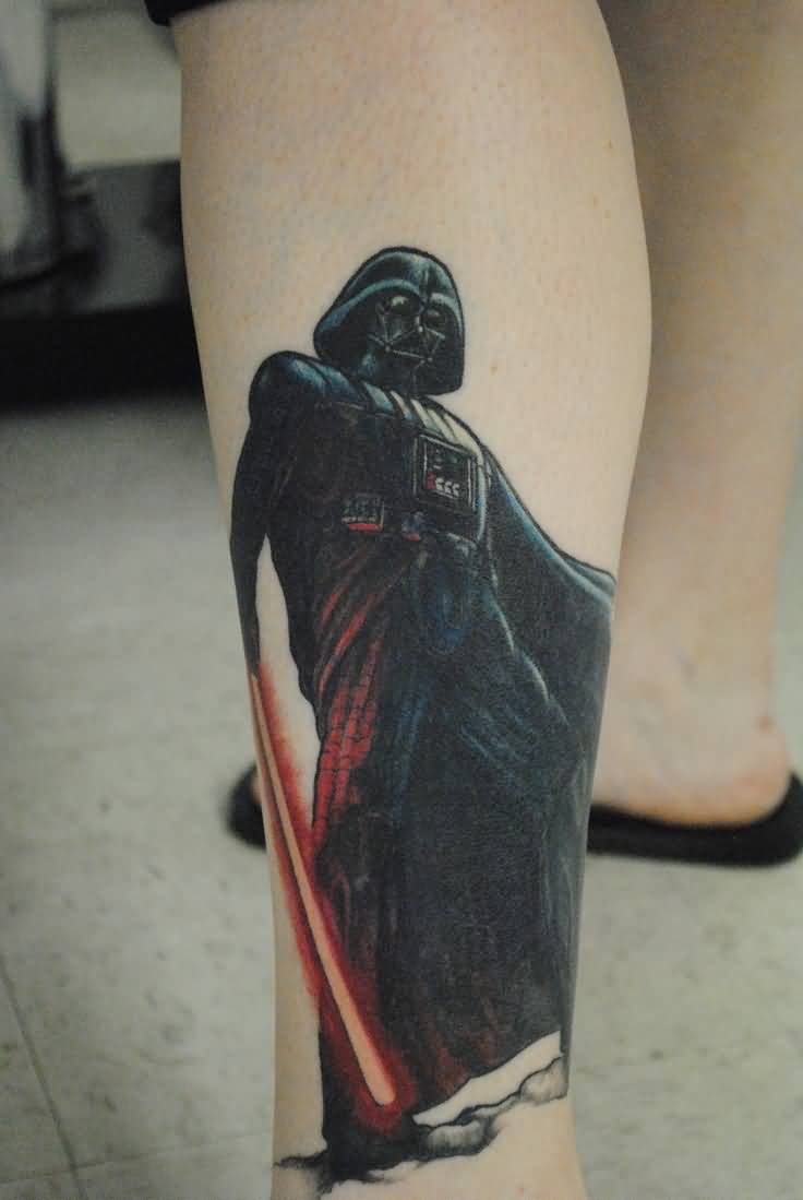 Darth Vader With Lightsaber Tattoo On Left Leg