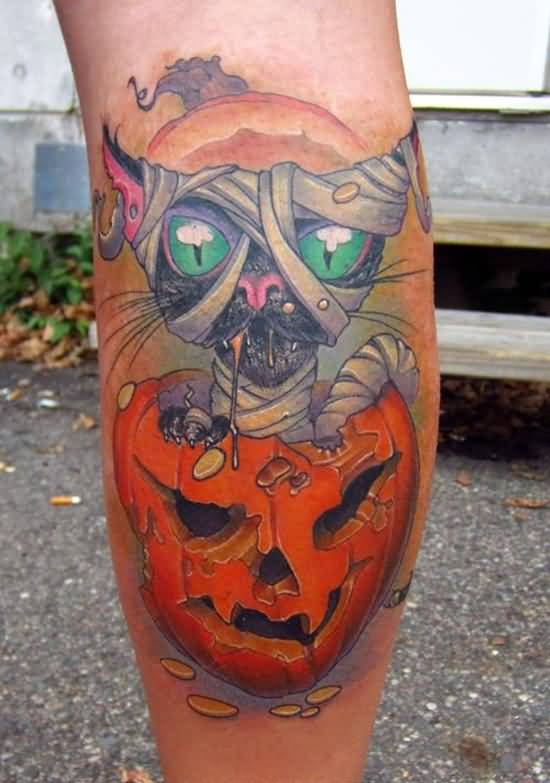 Evil Cat And Cute Pumpkin Tattoo On Leg Calf