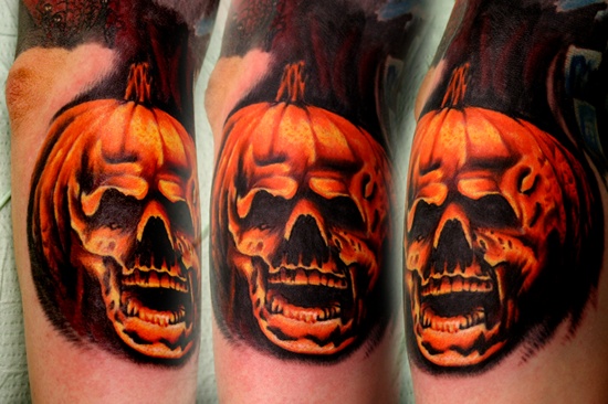 Evil Pumpkin Tattoo On Arm Sleeve