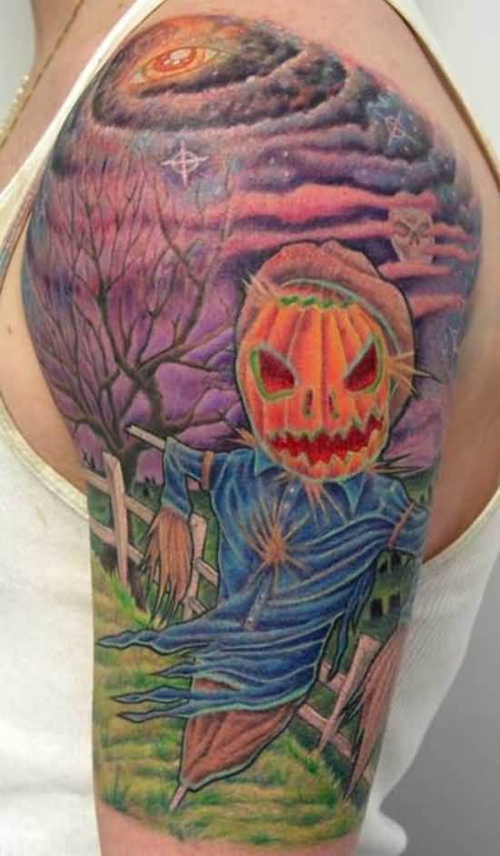 Evil Pumpkin Tattoo On Left Half Sleeve