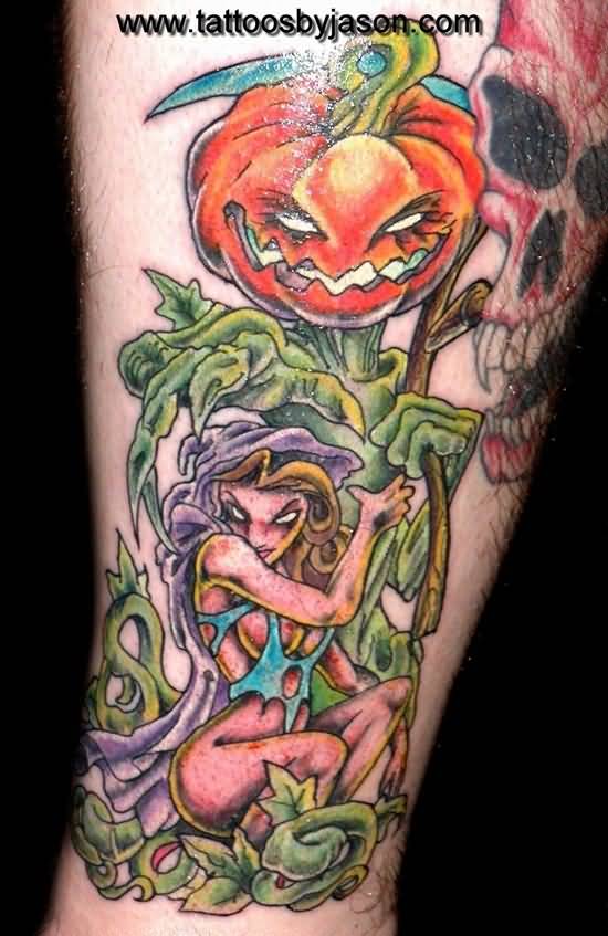 Evil Pumpkin Tattoo On Leg