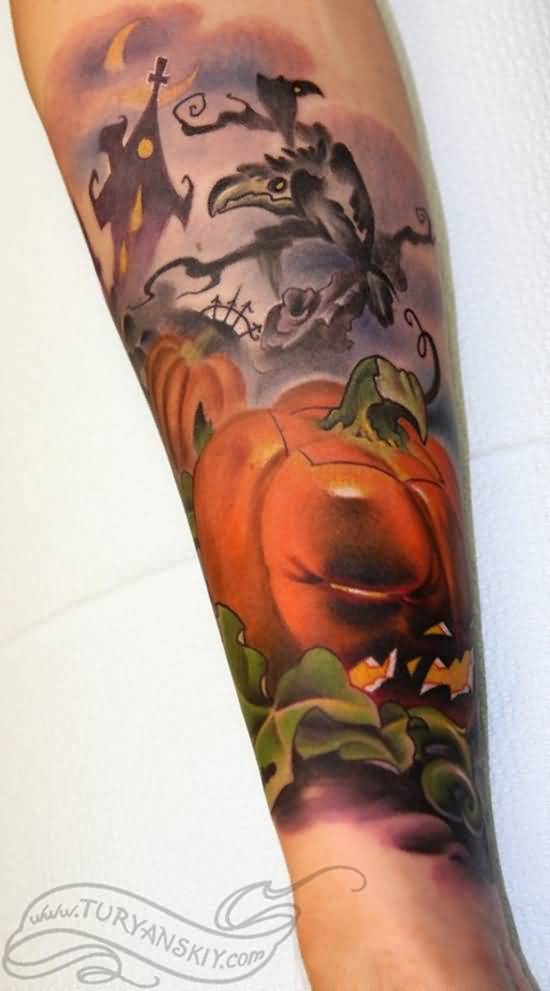 Evil Pumpkin Tattoo On Sleeve