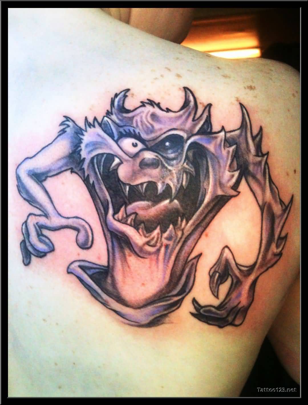 Evil Taz Tattoo On Right Back Shoulder For Men