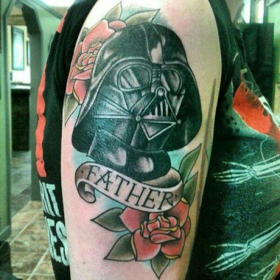 Father Banner and Darth Vader Tattoo On Half Sleeve