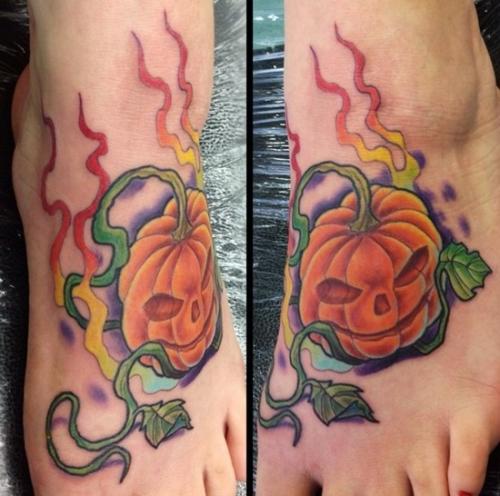 Flaming Evil Pumpkin Tattoo On Foot