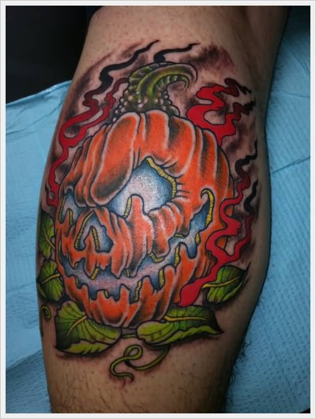 Flaming Evil Pumpkin Tattoo On Leg Calf