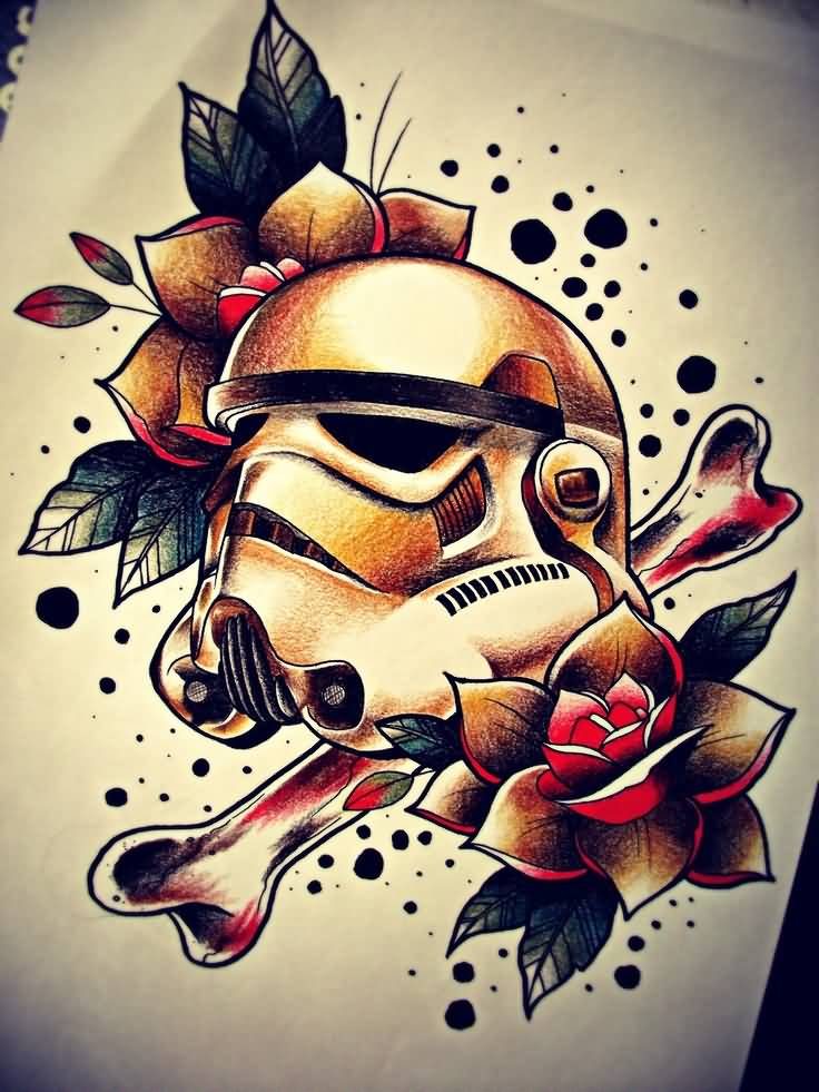 Flowers And Darth Vader Helmet Tattoo Design
