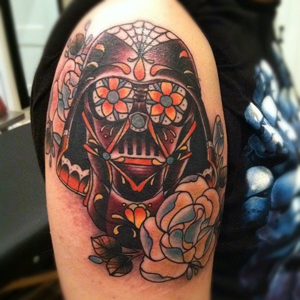 Flowers And Darth Vader Tattoo On Shoulder