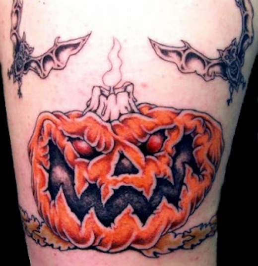 Flying Bats And Evil Pumpkin Tattoo