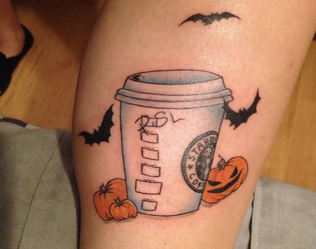 Flying Bats And Pumpkin Tattoo On Leg