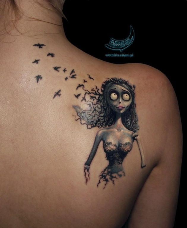 Flying Birds Corpse Bride Tattoo On Right Back Shoulder